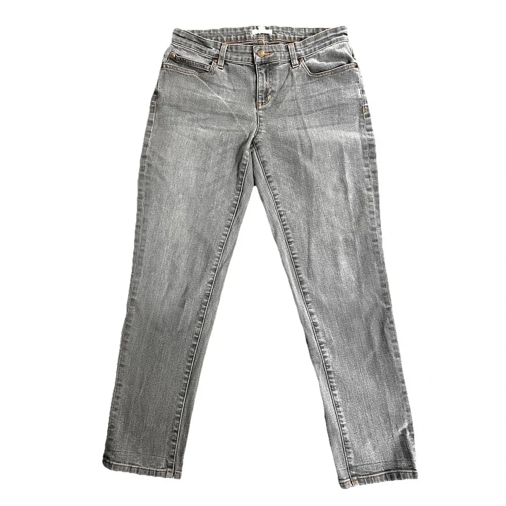 Eileen Fisher Straight Leg Jeans‎ Organic Cotton Stretch Gray Size 4 Gold Stitch
